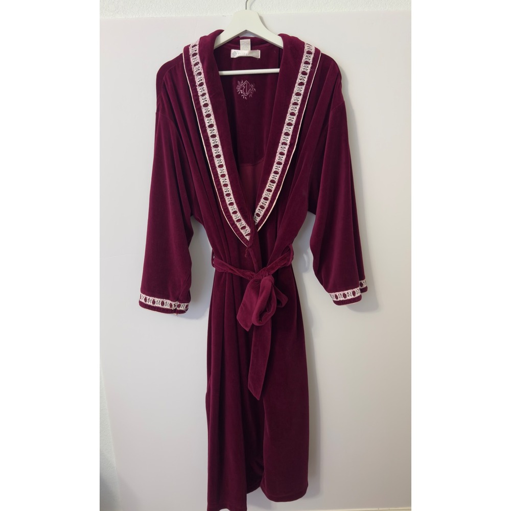 Eileen West Robe Womens XL Burgundy Velour Lace Trim Long Wrap Victorian